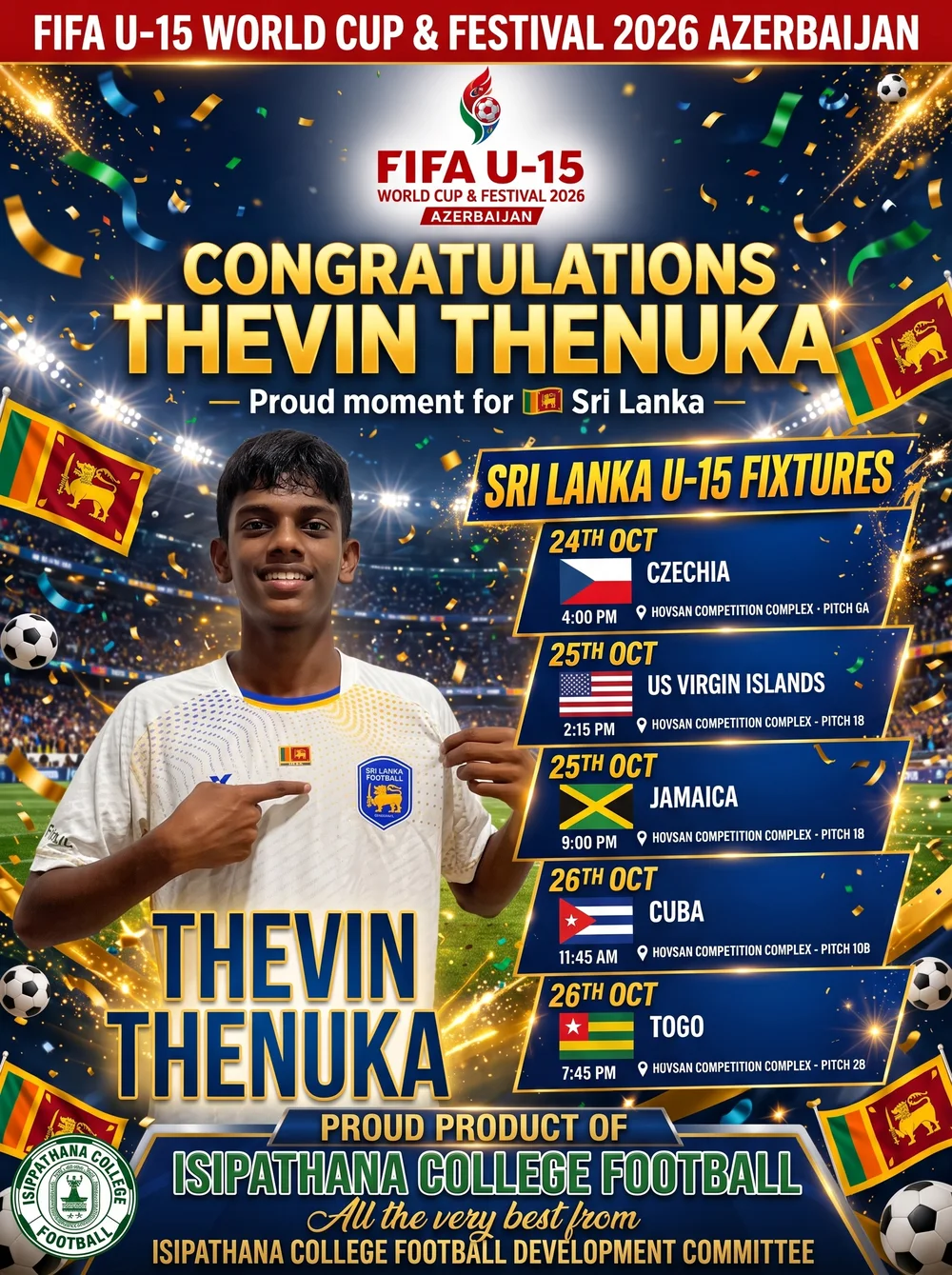 All the best, Thevin Thenuka! Sri Lanka U-15 fixtures at the FIFA U-15 World Cup & Festival 2026, Azerbaijan